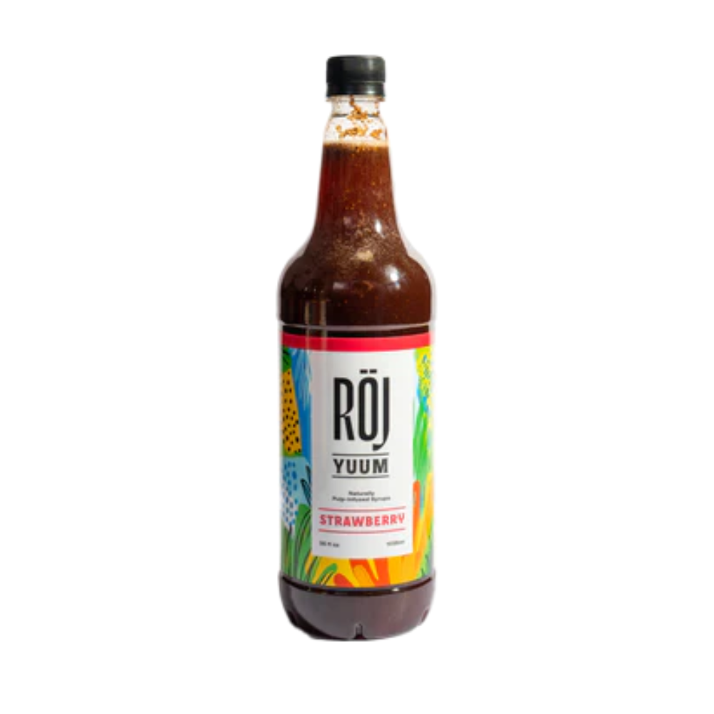 Bottle of Röj Yuum strawberry syrup for beverages