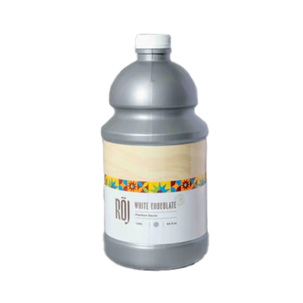 Bottle of Röj white chocolate sauce on a white background