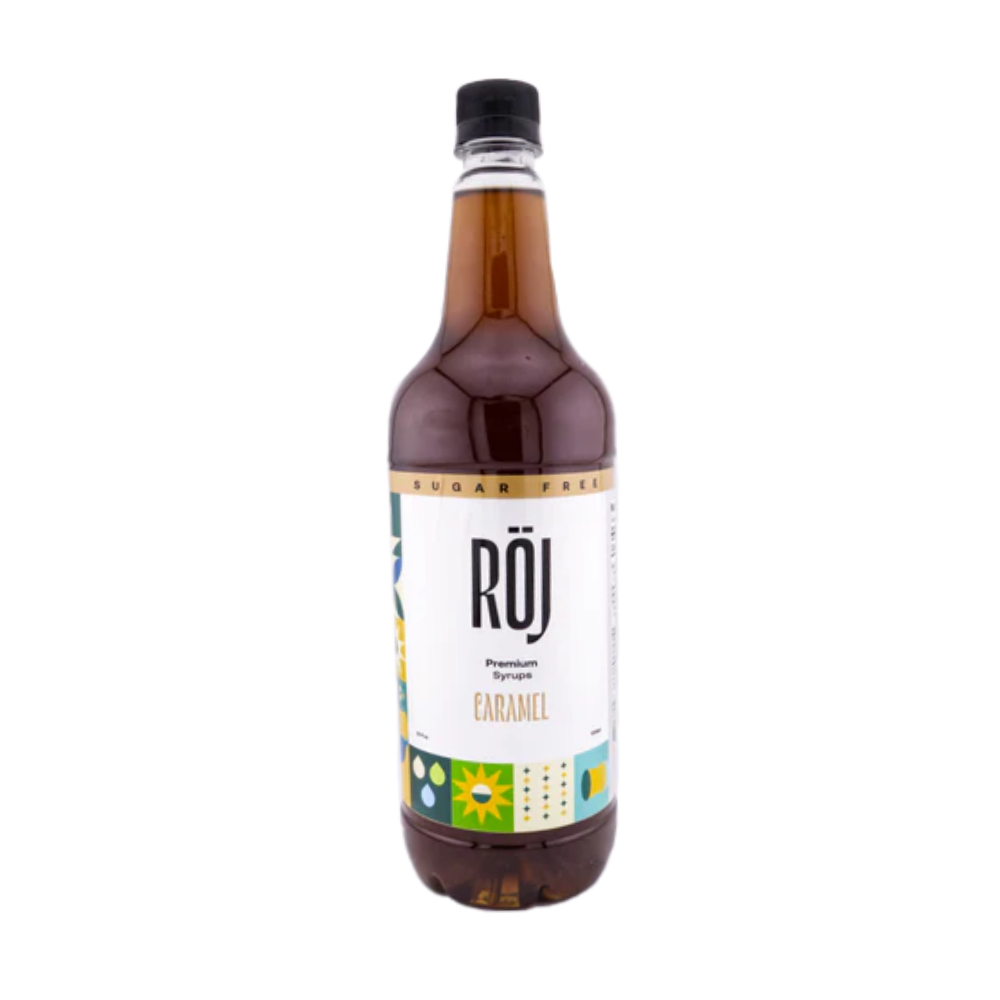 Bottle of Röj caramel sugar free syrup for beverages