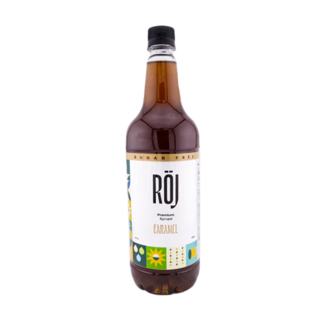 Bottle of Röj caramel sugar free syrup for beverages