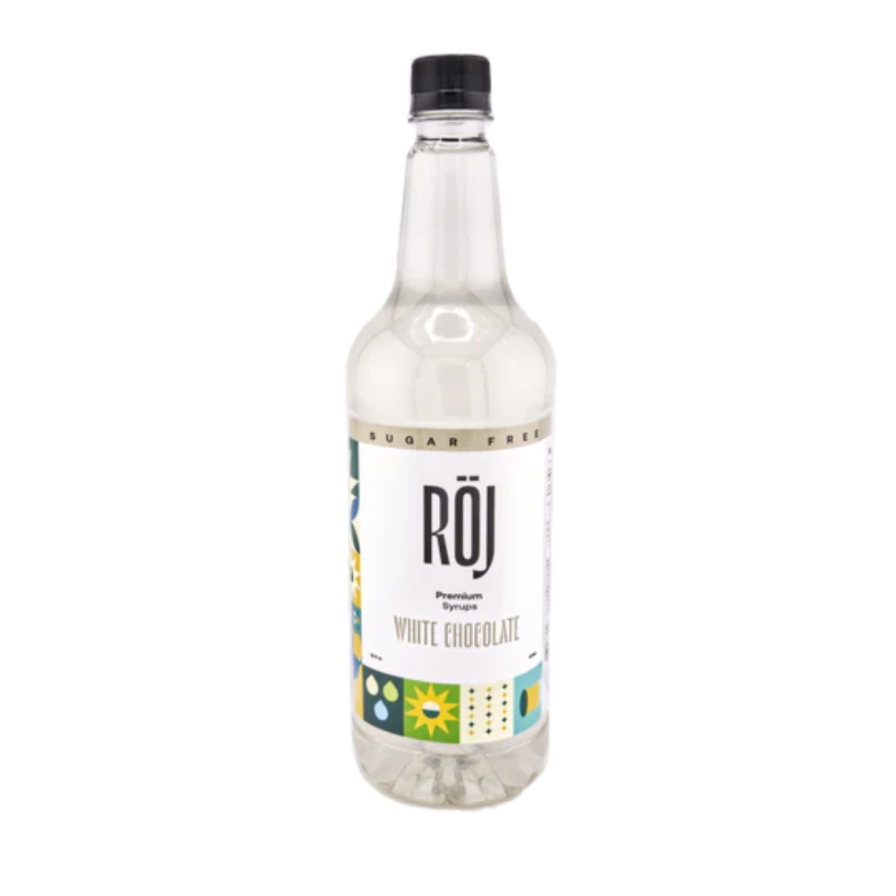 Bottle of Röj white chocolate sugar free syrup for beverages